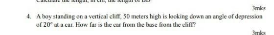 A boy standing on a vertical cliff, 50m high is looking down an angle of depression-example-1