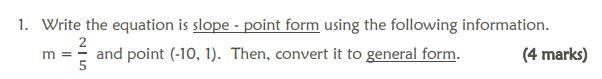 Write the equation in slope - point form using the following information. m = (2)/(5) and-example-1