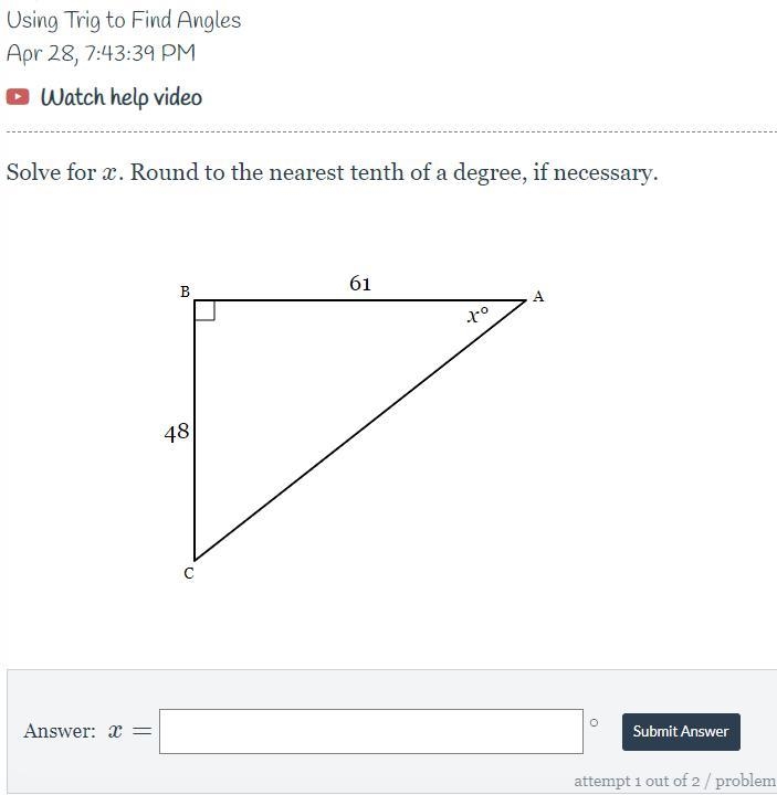 Solve for xx. Round to the nearest tenth of a degree, if necessary.-example-1