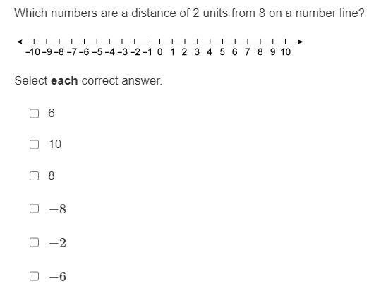 Which numbers are a distance of 2 units from 8 on a number line? (If your answer is-example-1