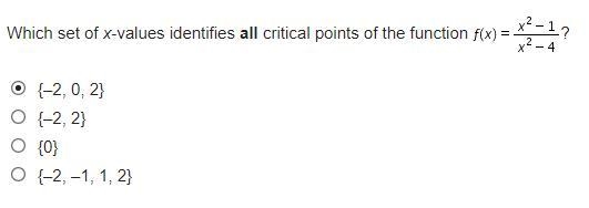 Which set of x-values identifies all critical points of the function f(x) = (x^2-1)/(x-example-1