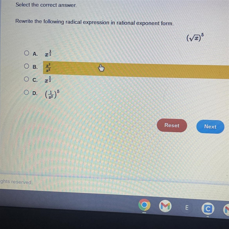 Select the correct answer. Rewrite the following radical expression in rational exponent-example-1