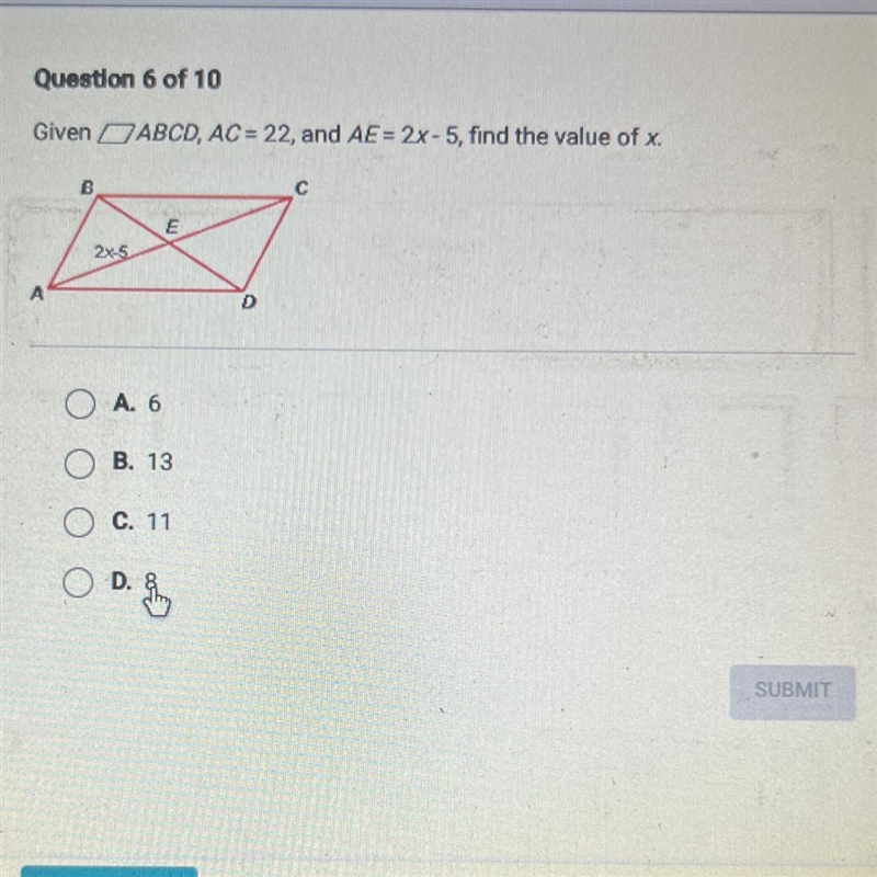 Given parallelograms ABCD, AC=22, and AE=2x-5, find the value of x.-example-1