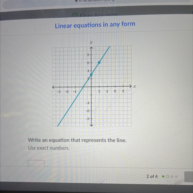 Write an equation that represents the line use exact numbers-example-1