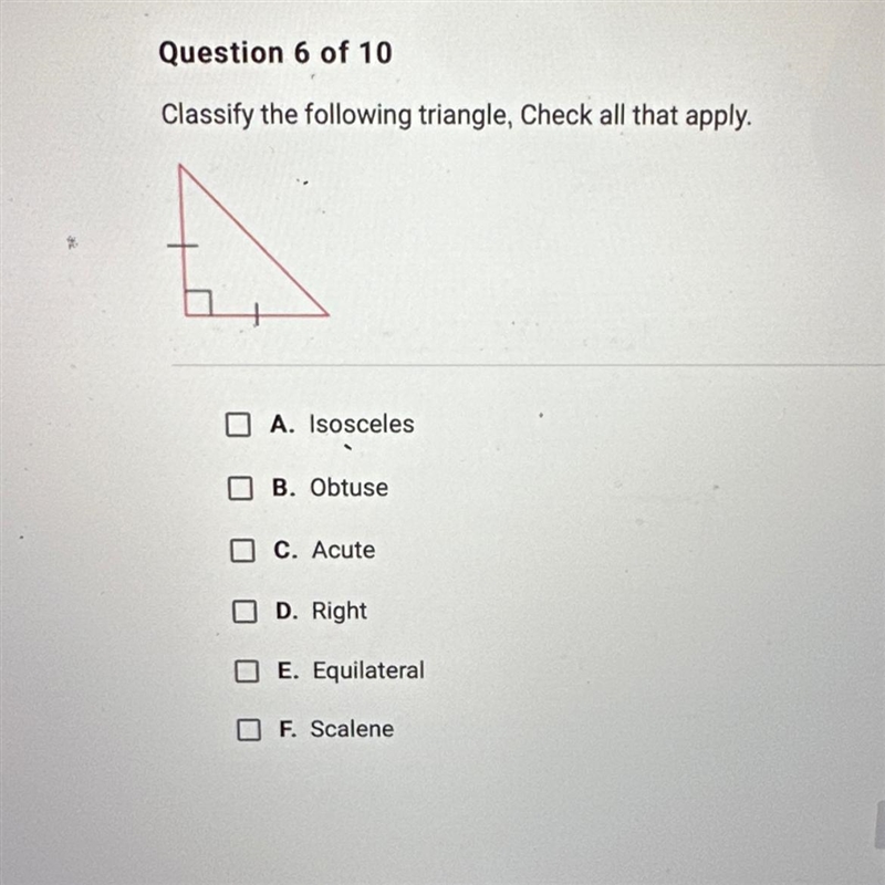 Classify the following triangle, Check all that apply. A. Isosceles B. Obtuse C. Acute-example-1