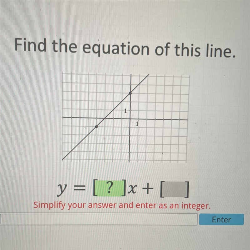 Find the equation of this line. y = [? ]x + [ ] Simplify your answer and enter as-example-1