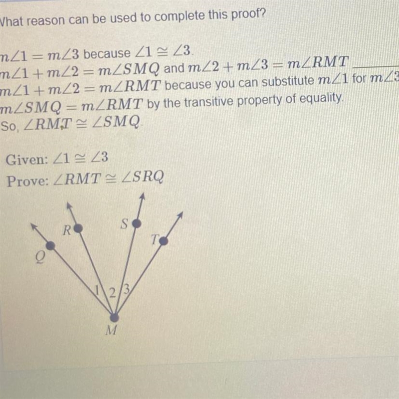 Help pls lol Answer choices A) By the angle addition postulate B) because Measurement-example-1