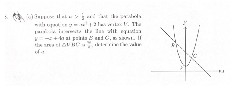 Suppose that a>1/2 and the parabola with equation y=ax^2+2 has vertex V. The parabola-example-1