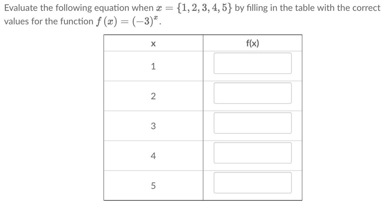 Evaluate the following equation when x = {1, 2, 3, 4, 5} by filling in the table with-example-1