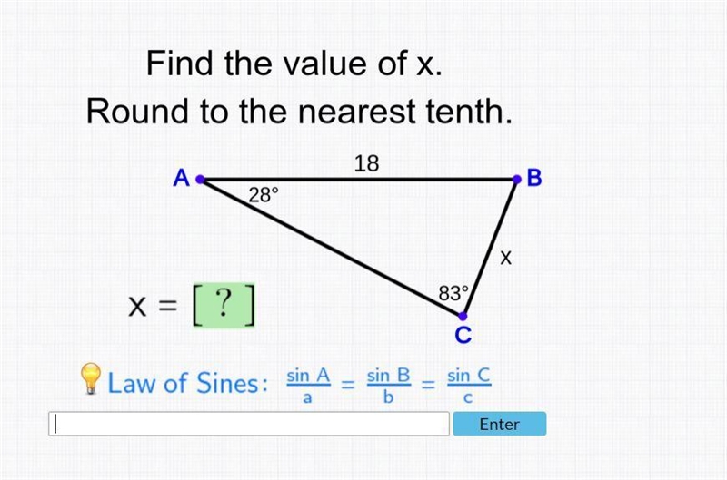 Find the value of x. Round to the nearest tenth. What does x equal?-example-1