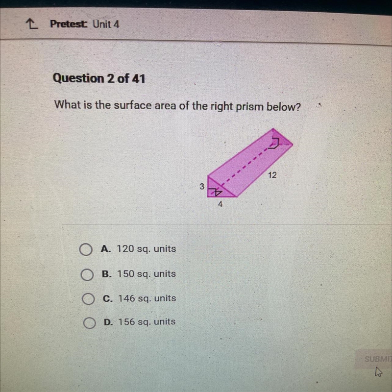 What is the surface area of the right prism below?-example-1