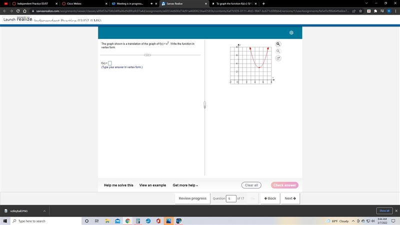 The graph shown is a translation of the graph of ​f(x)=x^2. Write the function in-example-1