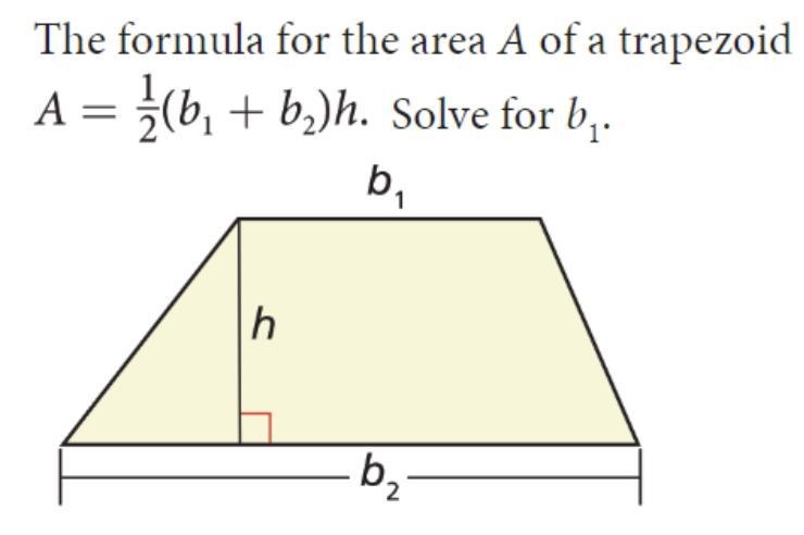 The formula for the area A of a trapezoid A = 1/2 (b + b,)h. Solve for b-example-1