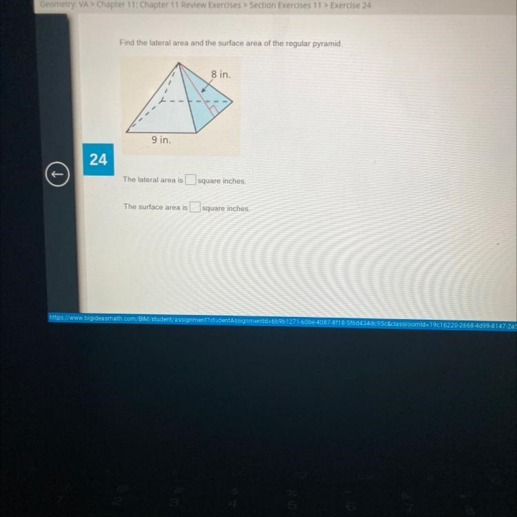 Find the lateral area and the surface area of the regular pyramid-example-1