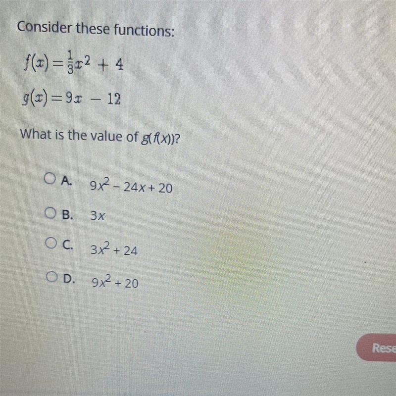 Consider these functions: f(x)= 1/3x^2 +4g(x)=9x-12 what is the value of g(f(x))-example-1