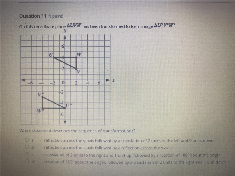 On this corrdinate plane UVW has been transformed to form image U’ V’ W’. Which statement-example-1