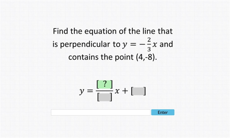 30 points! please help! find the equation of the line that is perpendicular to y=-2/3x-example-1