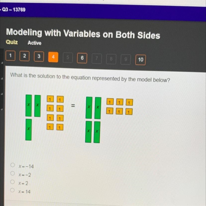 What is the solution to the equation represented by the model below?1x1O X=-14O X-example-1