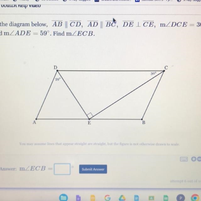 In the diagram below, AB || CD, AD || BC, DEL CE, m/DCE = 30° and m/ADE = 59°. Find-example-1