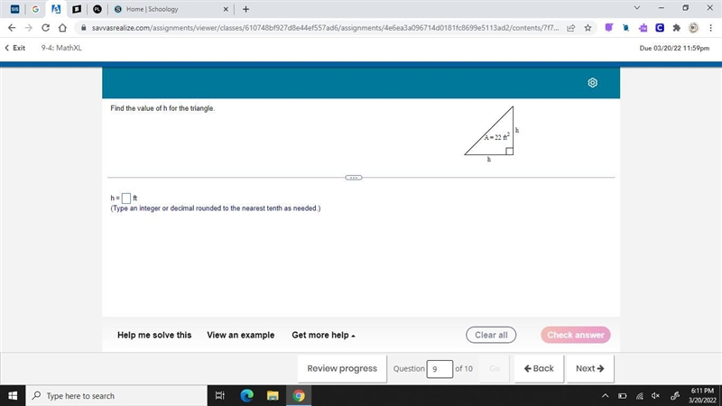 Find the value of h of the triangle-example-1