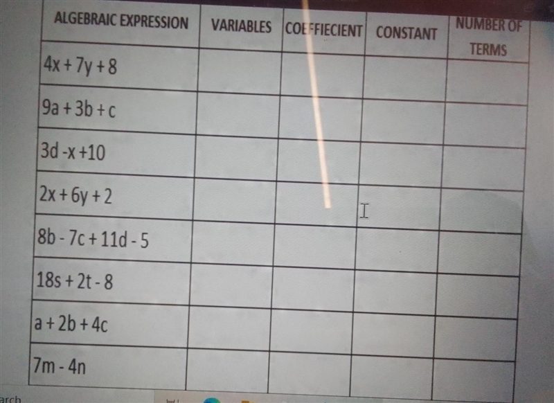 Identify the parts of each algebraic expression given below. 8. 14k + m + n - 12 9. 5w-example-1