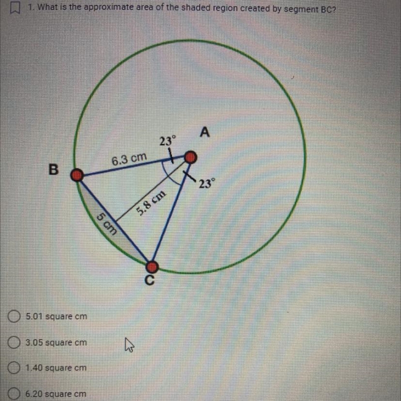 HELP What is the approximate area of the shaded region created by segment BC?-example-1