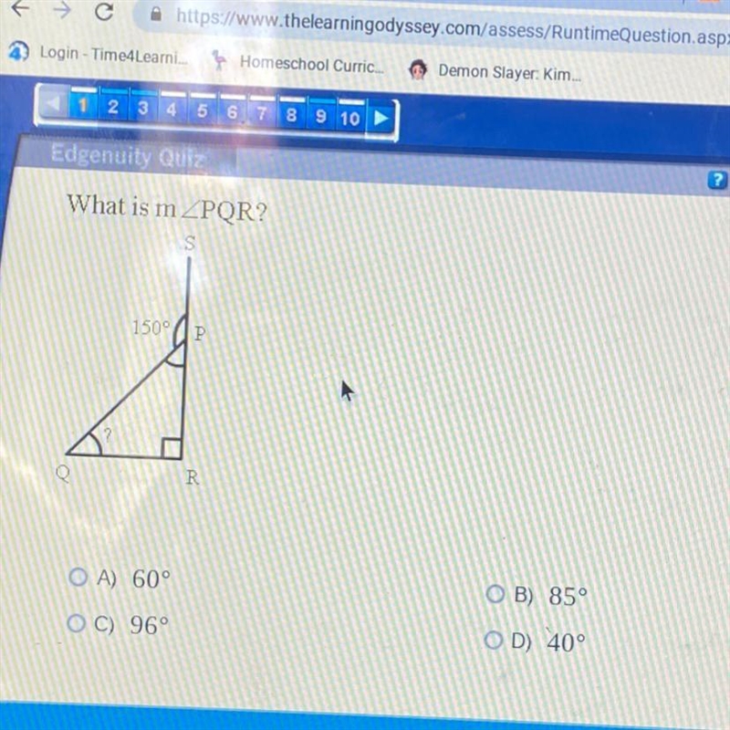 What is m O A) 60° B) 85° OC) 96° OD 40°-example-1