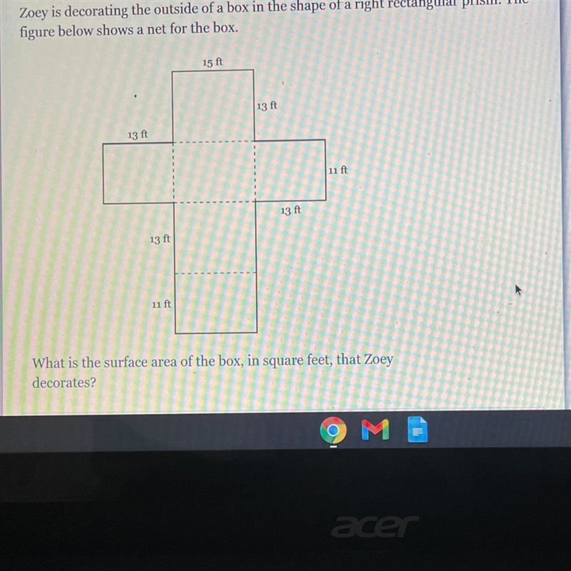 What is the surface area of the box, in square feet, that Zoey decorates?-example-1