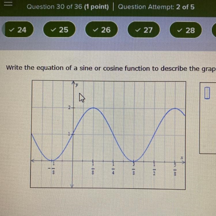 Write the equation of a sine or cosine function to describe the graph.-example-1