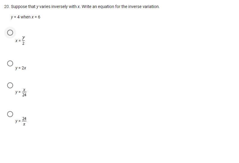 Suppose that y varies inversely with x. Write an equation for the inverse variation-example-1