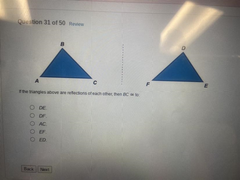 If the triangles above are reflections of each other, then BC = to-example-1