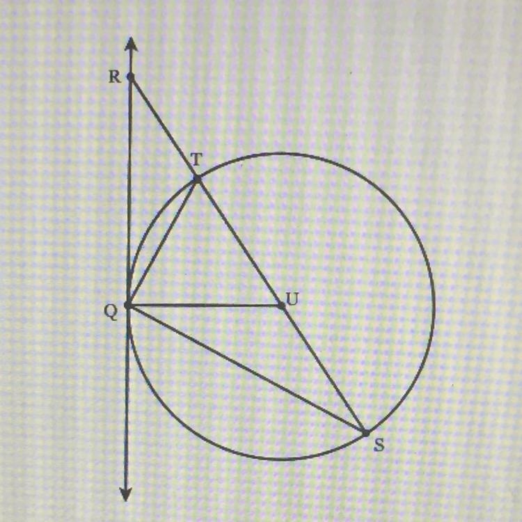 Given circle U with diameter ST and radius UQ. QR is tangent to U at Q. If UQ = 8 and-example-1