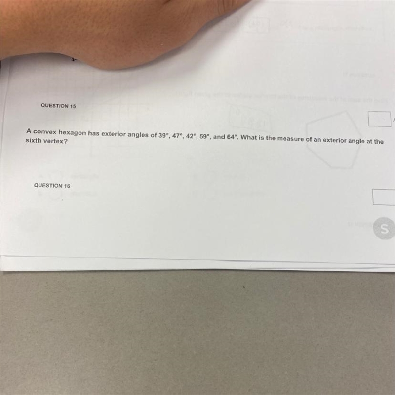 A convex hexagon has exterior angles of 39°, 47°, 42°, 59°, and 64°. What is the measure-example-1