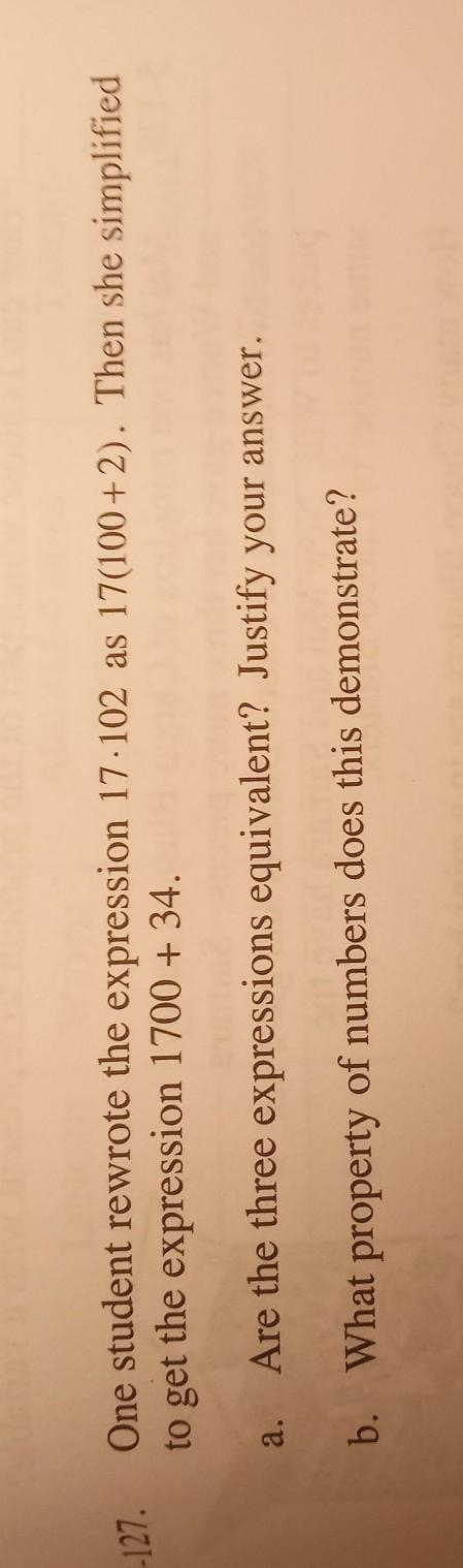 one student we wrote the expression 17 * 102 as 17(100+2). then she simplified to-example-1