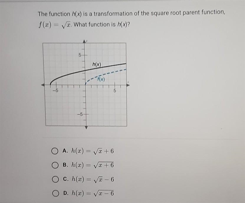 The function h(x) is a transformation of the square root parent function, f(x) = √(x-example-1