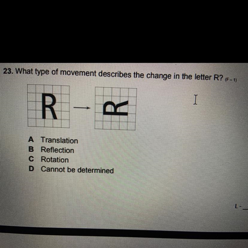 23. What type of movement describes the change in the letter R? A TranslationB ReflectionC-example-1