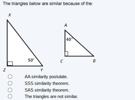 The triangles below are similar because of the:-example-1