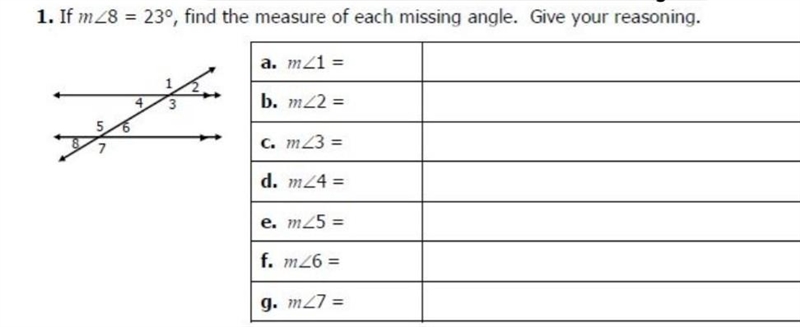 If m<8=23°, find the measure of each missing angle. give your reasoning.-example-1