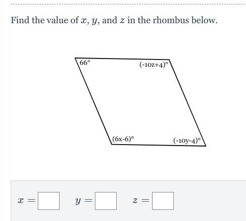 Find the value of x, y, and z in the rhombus below.-example-1