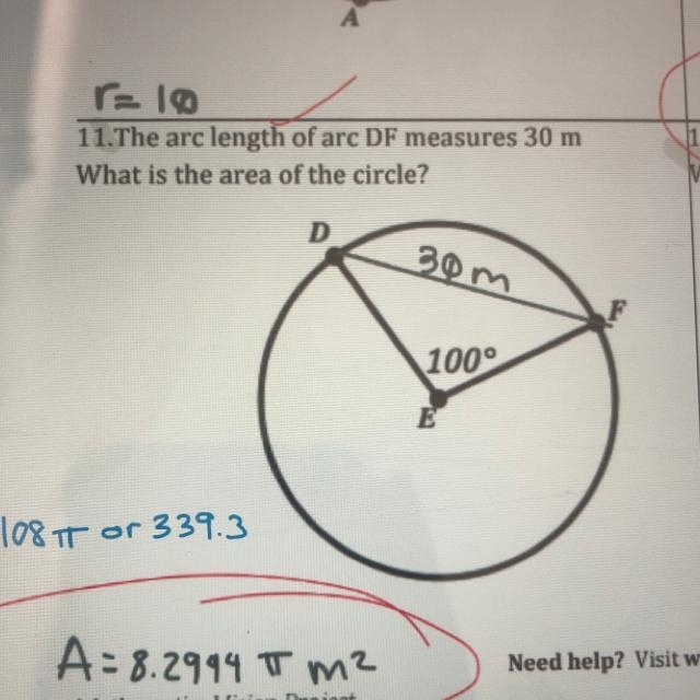 The arc length of arc DF measures 30 m. What is the area of the circle?-example-1