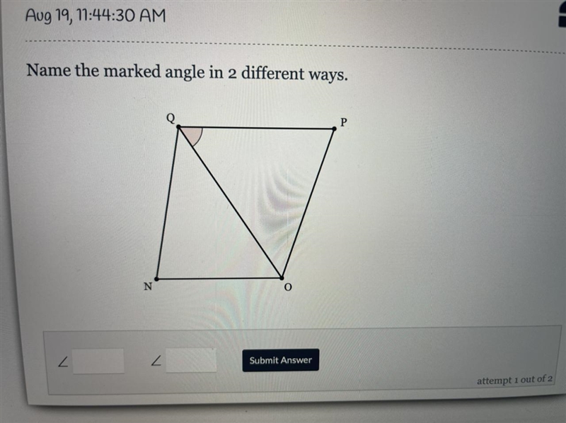 Name the marked angle in 2 different ways. Q P O N-example-1