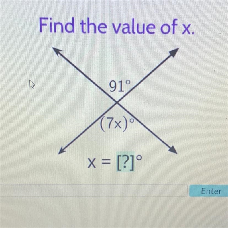 Find the value of x. 91° (7x)-example-1