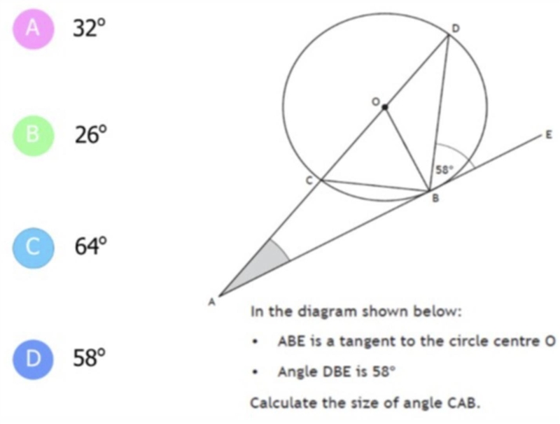 HELP URGENT find angle CAB a. 32 b. 26 c. 64 d. 58-example-1