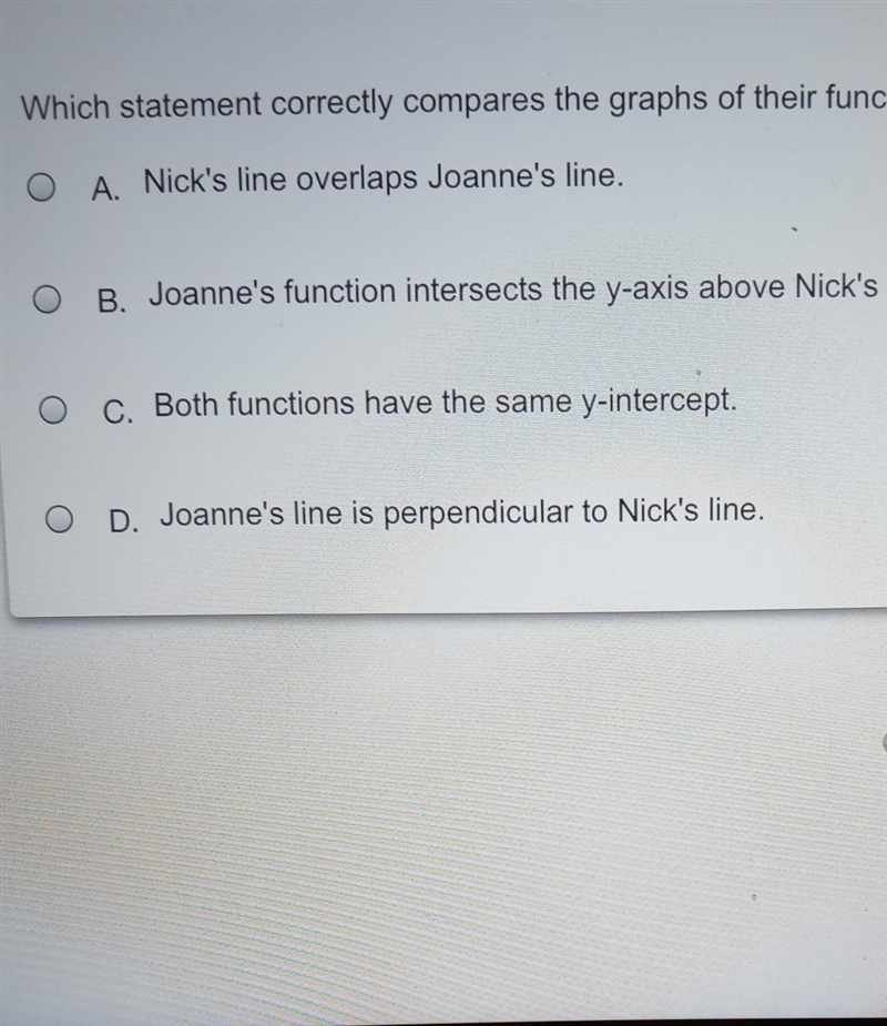 joanne graphed a linear funtion with a slope of -4 passing through 0,-2 nick graphed-example-1