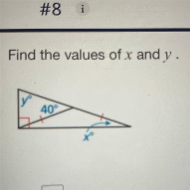 find the values of x and y. it’s a right triangle but part of it is split. the left-example-1