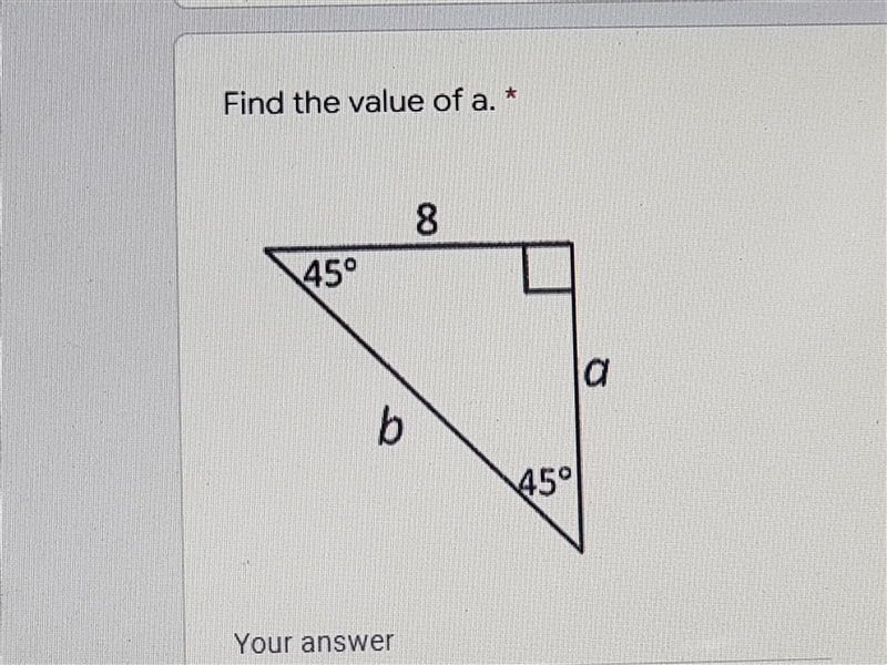 PLEASE help me this is a 45°-45°-90° triangle. solve for a.-example-1