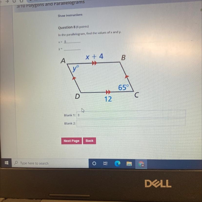 In the parallelogram find the values of x and y-example-1