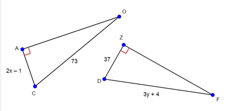 Use the diagram to find the value of "y" so that △AOC ≅ △ZFD by HL.-example-1