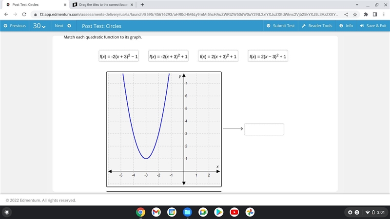 Drag the tiles to the correct boxes to complete the pairs. Match each quadratic function-example-1