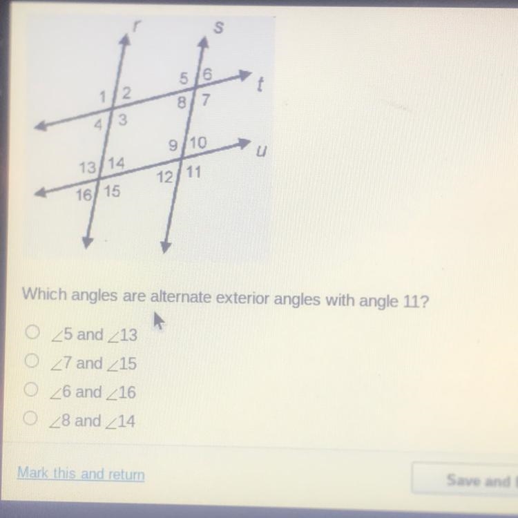 Which angles are alternate exterior angles with angle 11?-example-1